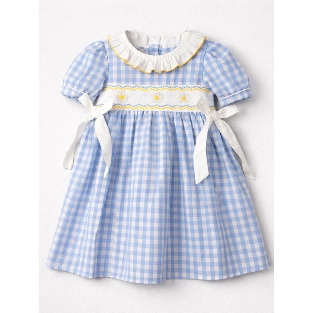 Rylee Faith Designs blue and white gingham smocked dress daisy floral embroidery
